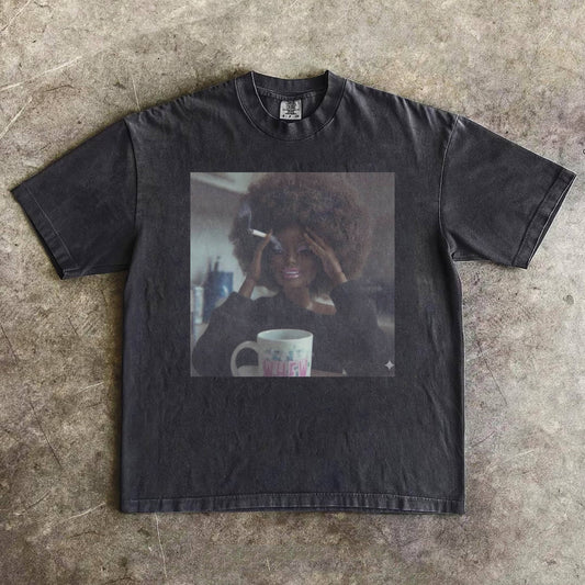 AFRO-HAIRED, DARK-SKINNED BARBIECORE T-SHIRT