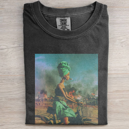 BARBIECORE BLACK LEATHER BICYCLE T-SHIRT