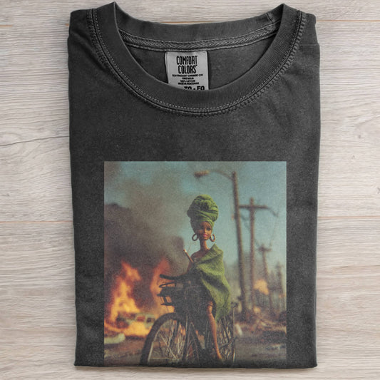 BARBIECORE BLACK LEATHER BICYCLE T-SHIRT